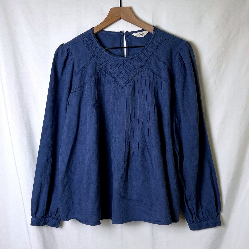 Me by Jennie Garth Womens Boho Pintuck Eyelet Lace Cotton Blouse Size L Blue